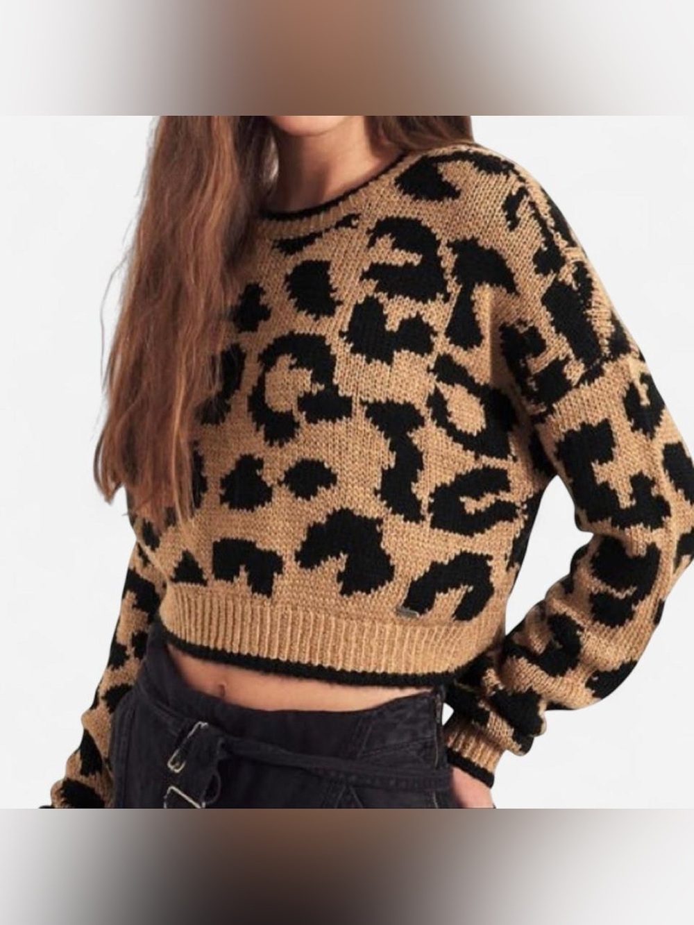 Hollister Cropped Leopard Crewneck Sweater - Tan & Black